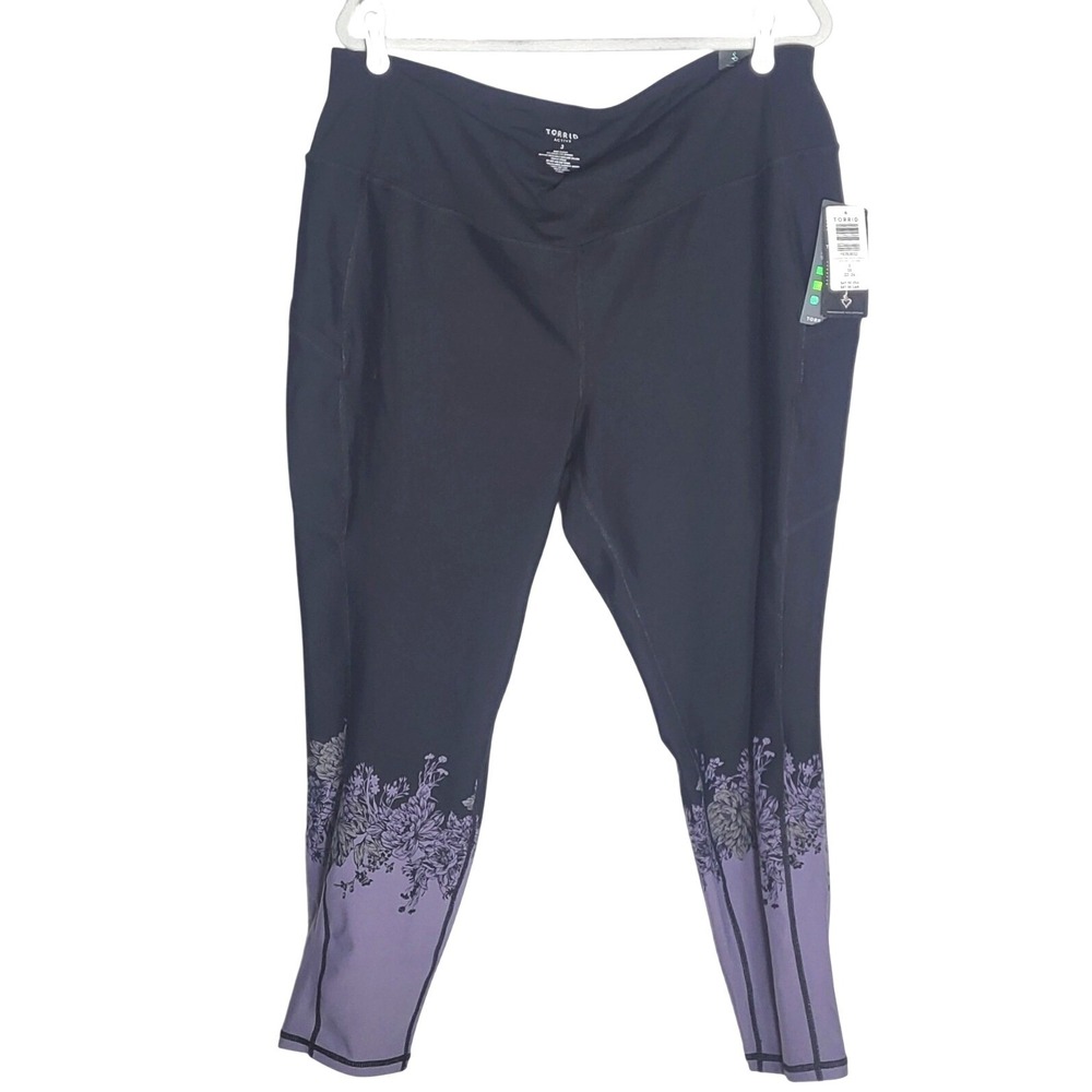 Torrid Womens Active High Rise Leggings Purple Black Leaves Floral Size 3X 22-24